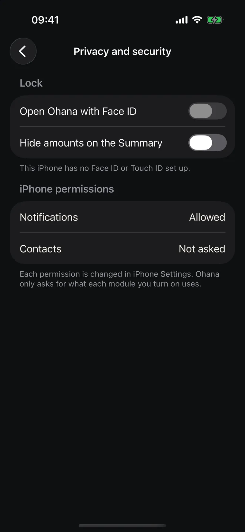 Ohana's privacy and security settings