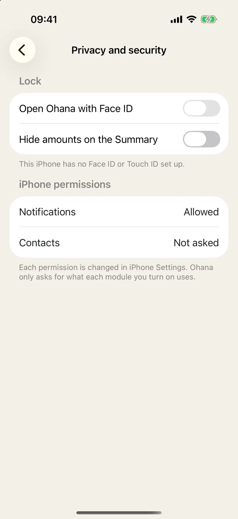 Ohana's privacy and security settings