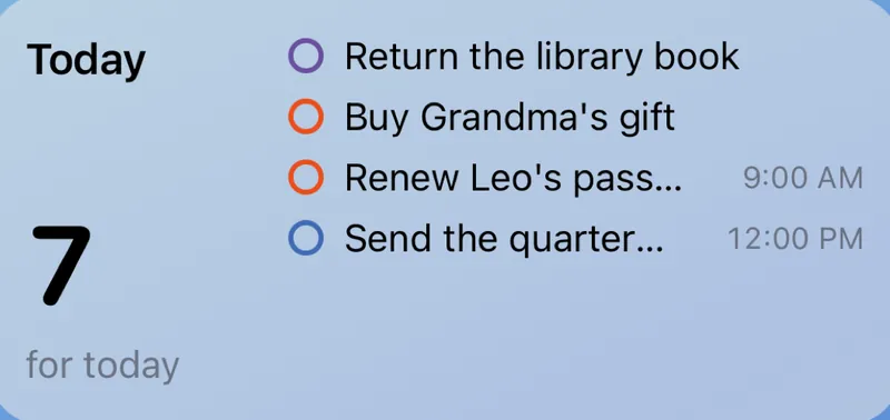 Tasks Today widget on the Home Screen